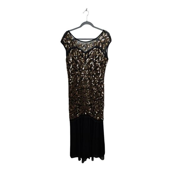 Black and Gold Embroidered Embellished Beaded Sequin Maxi Dress Size L - Picture 3 of 10